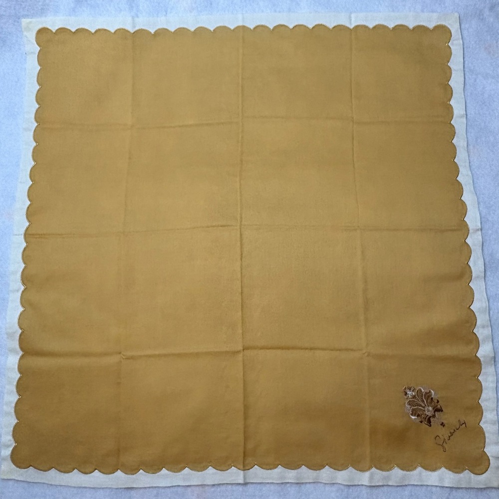 Vtg GIVENCHY Scarf Handkerchief Floral Embroidered Scalloped Cotton Yellow 18"